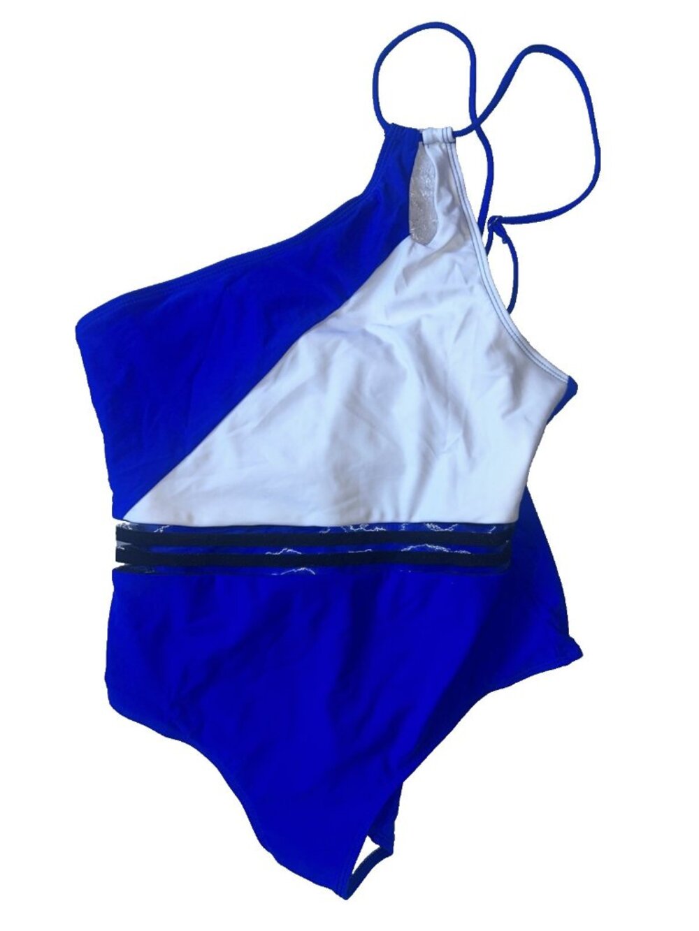 One Shoulder One Piece Swimsuit With size XL Mesh Mid Area Blue White Black NWOT